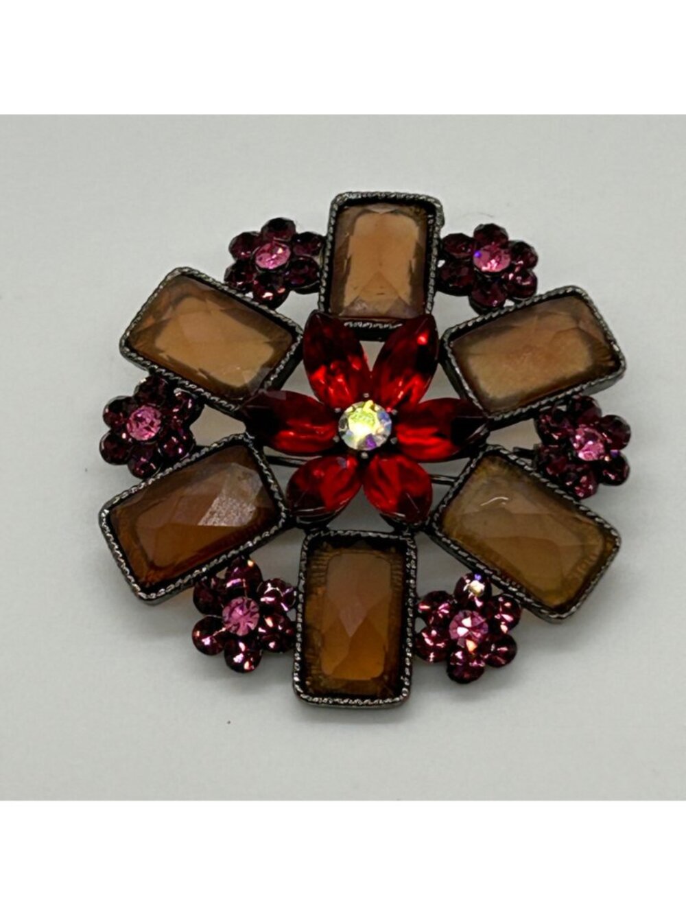 Large Vintage Flower Brooch Pin Rhinestone Red Gold Pink Acrylic Gunmetal Retro - Picture 12 of 13